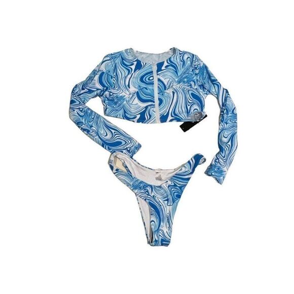 COPY - Fashion Nova NWT Retro Beach Blue Long Sleeve Two Piece Bikini Swimsuit - Picture 5 of 6